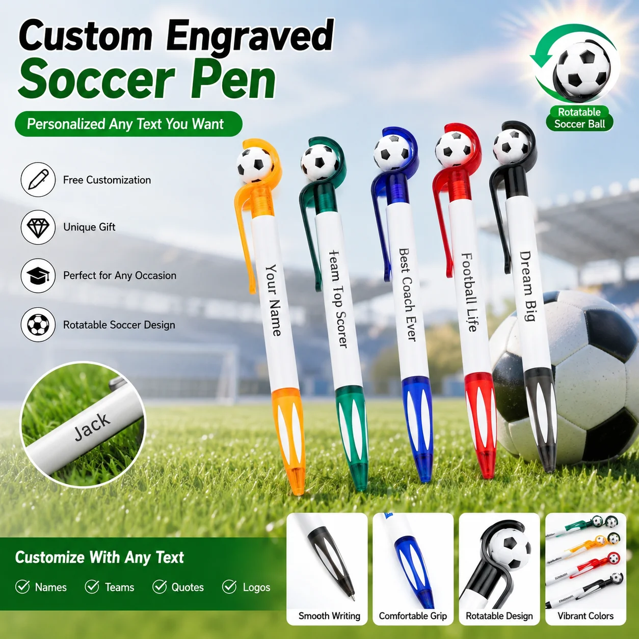 Personalized Soccer Ball Pen Custom Engraved Name Text Rotatable Football Ballpoint Creative School Supplies Team Gift office