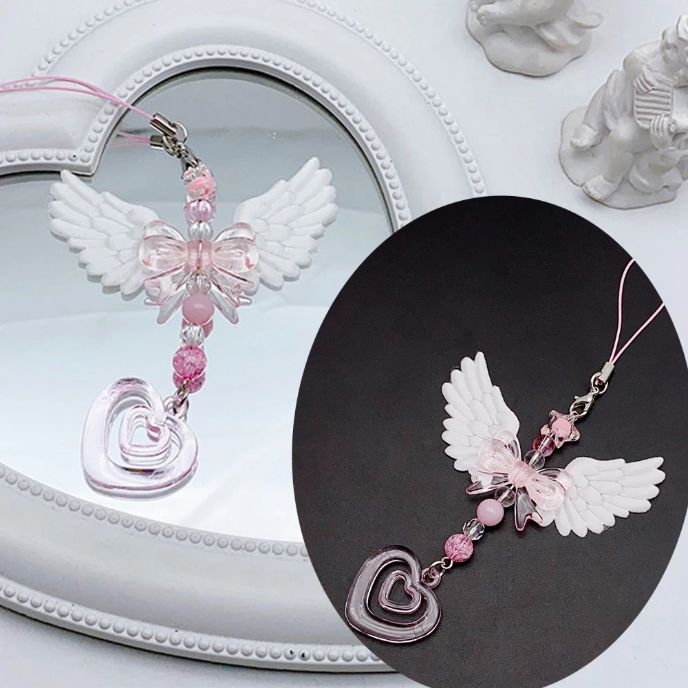 Novas lindas asas arco coração alça móvel pingente de telefone corrente para meninas mulheres doce chaveiro sacos acessórios decorativos presentes