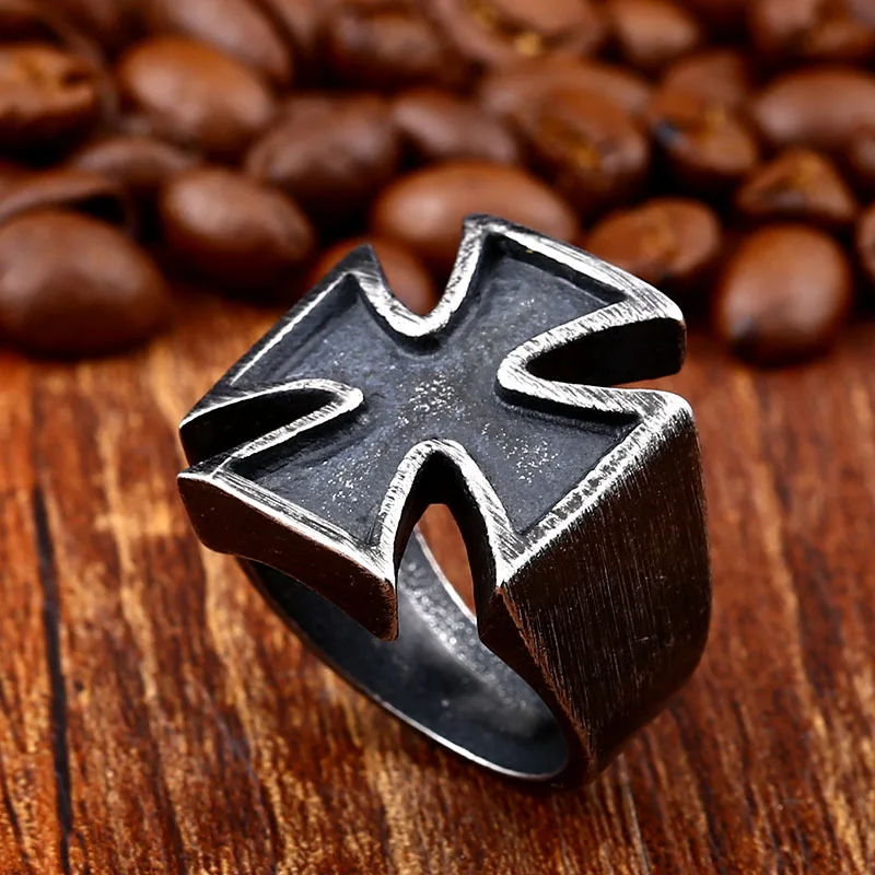 INEFFA European and American Vintage Ring Jewelry Stainless Steel Old Black Men Iron Cross Rings for Men Valentine\'s Day Gift