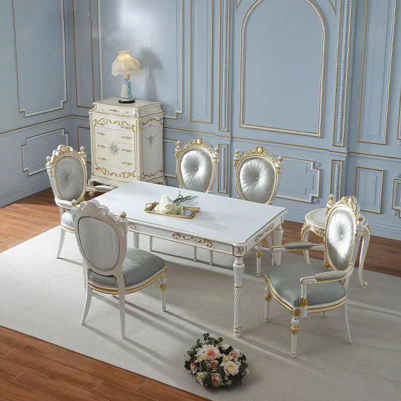 

French court solid wood carving dining table and chairs European simple white gold depicting household dining chairs