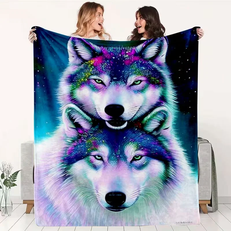 Galaxy Nebula Two Wolves Blanket Colorful Cosmic Starry Sky Print Soft Warm Blanket Wildlife Animal Sofa Bed Decor All Season