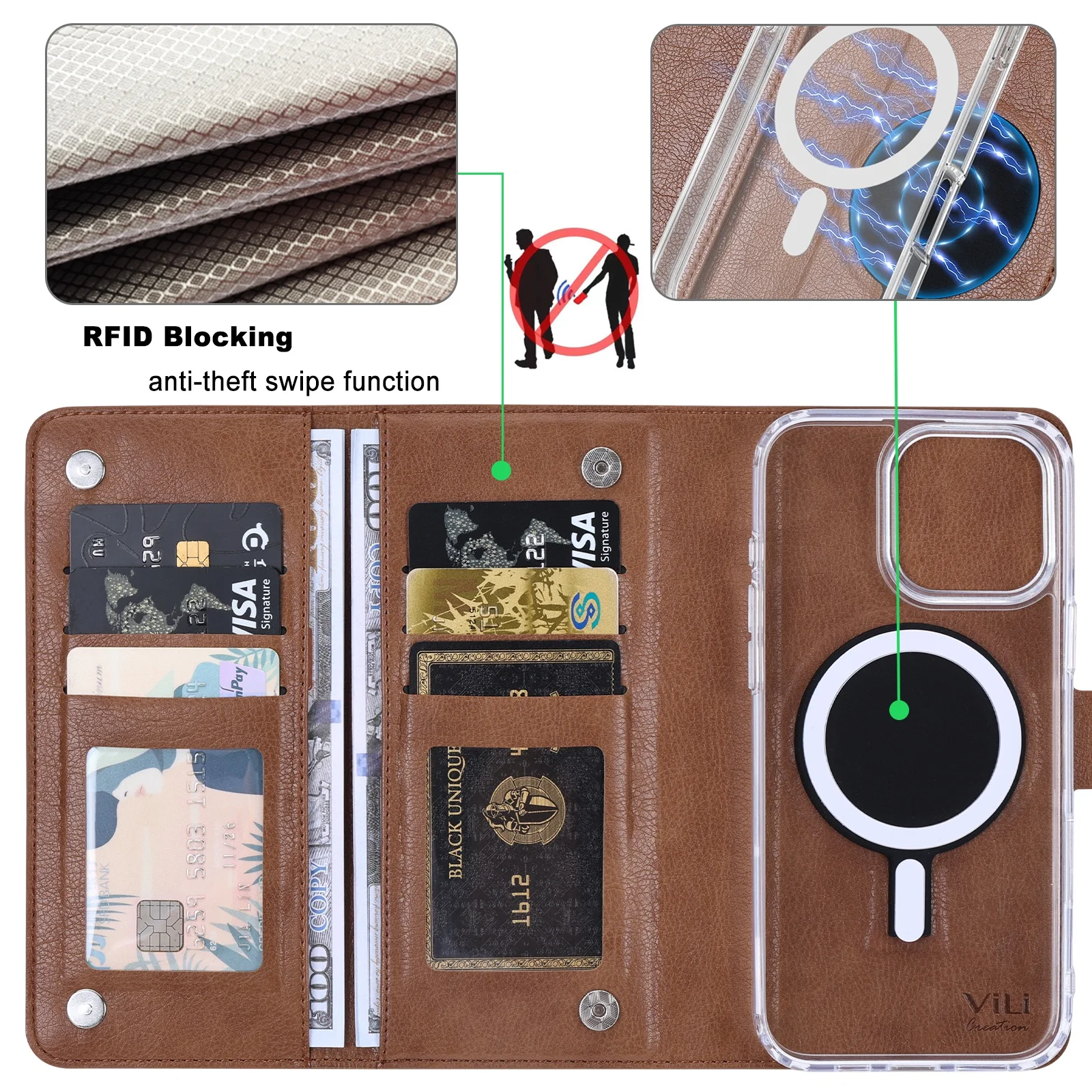 Removable Wallet (RFID Blocking) CardHolder Case Magnetic Wireless Charging Magsafe Case For iPhone 16 15 14 13 Pro Max Plus