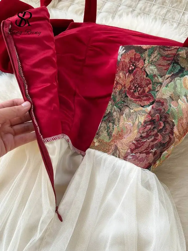 เดรสสายเดี่ยวลายปักสไตล์เรโทรสำหรับผู้หญิง ดีไซน์ผูกเชือกสไตล์ฝรั่งเศส ชุดเดรสยาวผ้าตาข่ายสำหรับงานปาร์ตี้ฤดูร้อน