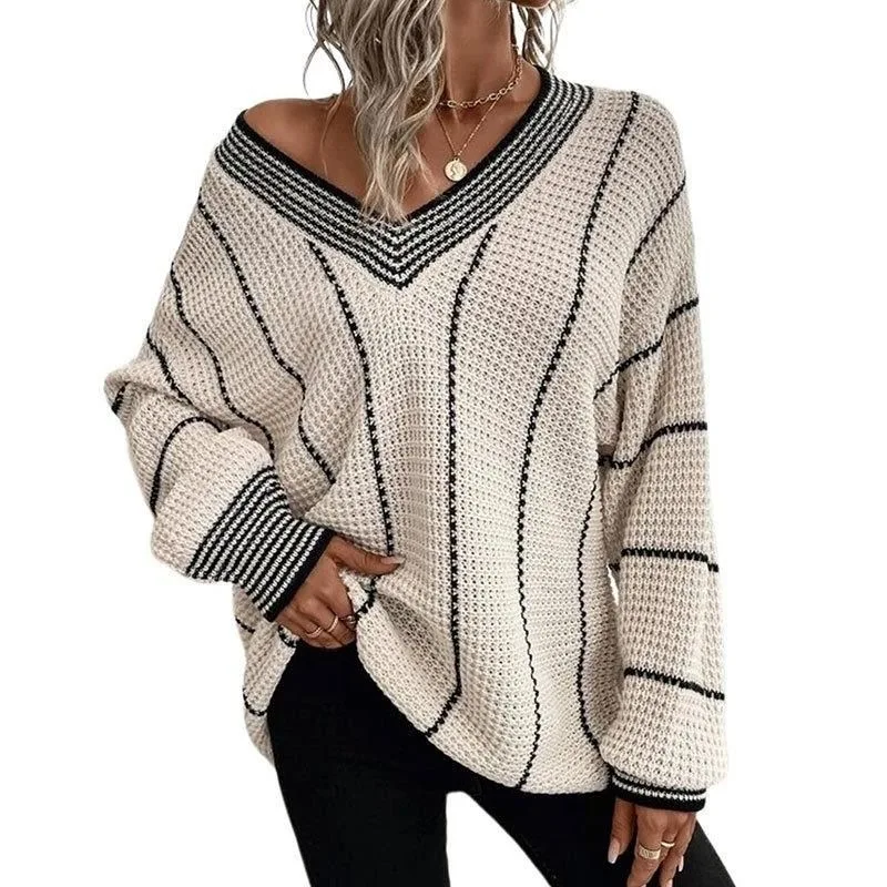 

Модный и повседневный женский осенне-зимний новый свободный дизайн с v-образным вырезом, удобный и мягкий вязаный свитер с длинными рукавами