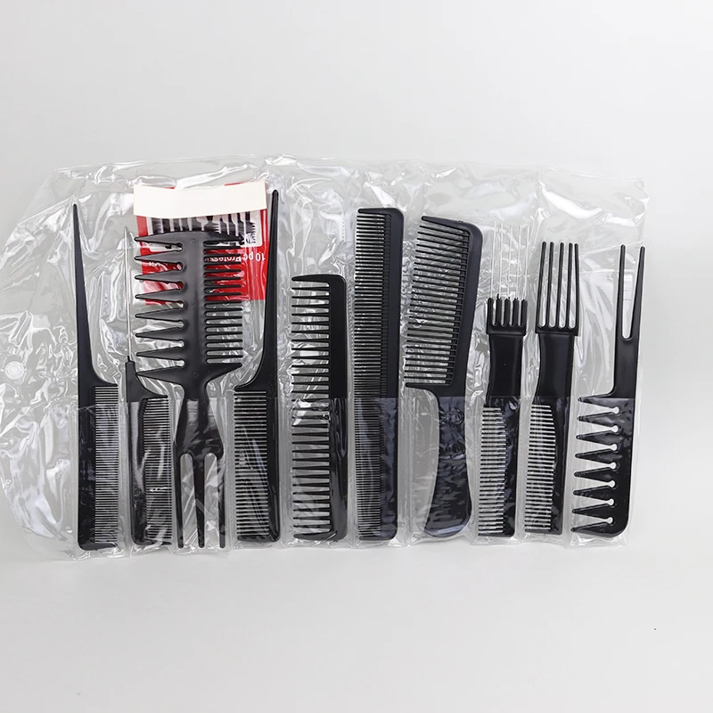 10pcs/set black hair comb set with 10 different designs multifunctional anti-static hair care comb set