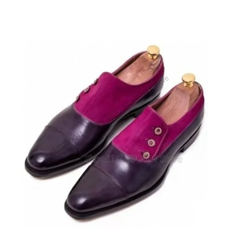 

Button Decor Purple Flock Splicing Leather Men Shoes Fashion Slip On Men Casual Shoes New Handmade Party Banquet Men Dress Shoes