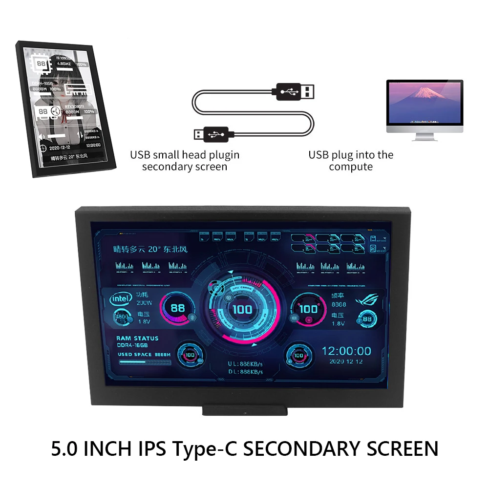 5.0 inch IPS Type-C Secondary Screen Computer CPU GPU RAM HDD Monitor USB Display for Mini ITX Case AIDA64 Monitor with Light