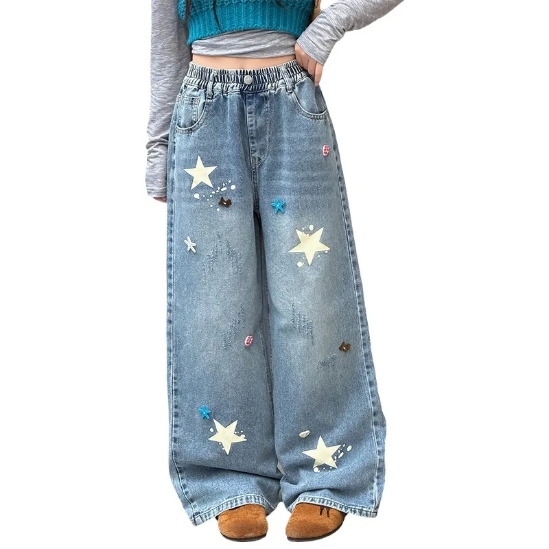 Girls Jeans 2026 Spring Autumn New, Wide Leg Straight Loose Casual Denim Trousers For Middle Big Kids Girls