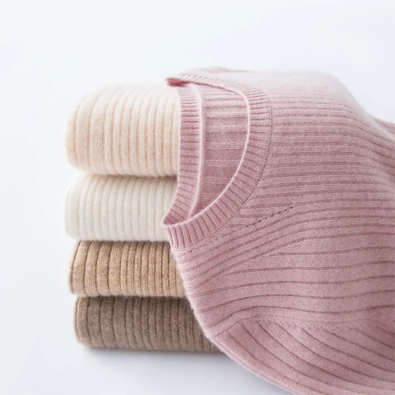 

Autumn/Winter Women's 100% Pure Cashmere Sweater Casual Solid Knitted Pullover Slim Fit Round Neck Base Tops Thick Warm Jumper