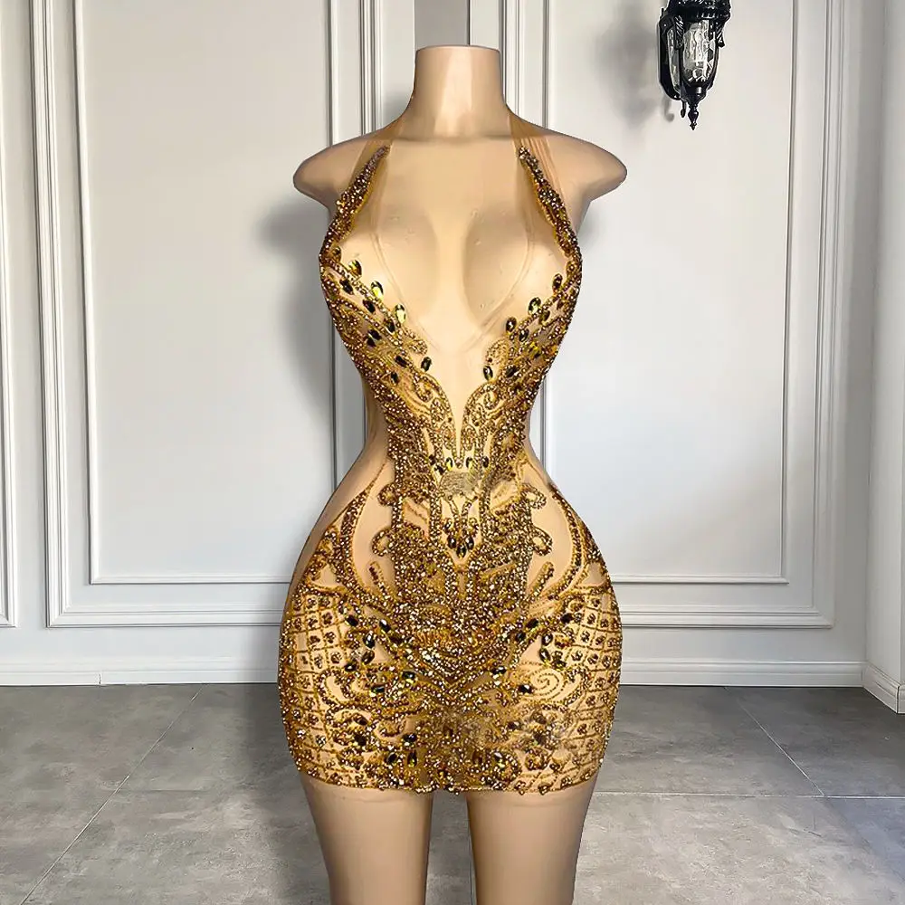 

Sparkly See Through Sexy Women Birthday Party Gowns V-neck Luxury Crystals Black Girls Gold Short Prom Dresses 2025