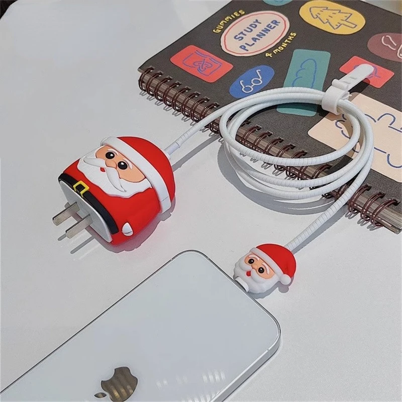 Cartoon Cute Santa Claus Pattern Silicone Shockproof Bumper Case For iphone Charger 18W 20W Portable Bite Cord Usb Protect Cover