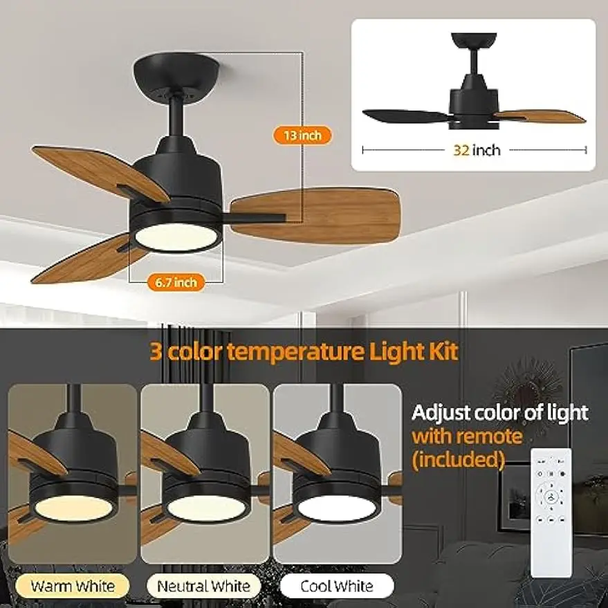 Ceiling Fan with LED Light 32 Inch Remote Control Quiet Ceiling Fans with Reversible DC Motor for Bedroom Dining Room Office