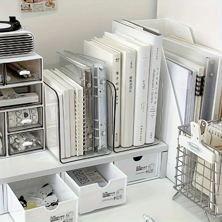 قطعة واحدة من منظم حامل الكتب البلاستيكي مع مقصورات متعددة - حامل ملفات سطح المكتب الشفاف للمكتب والمنزل وديكورات رف الكتب #4