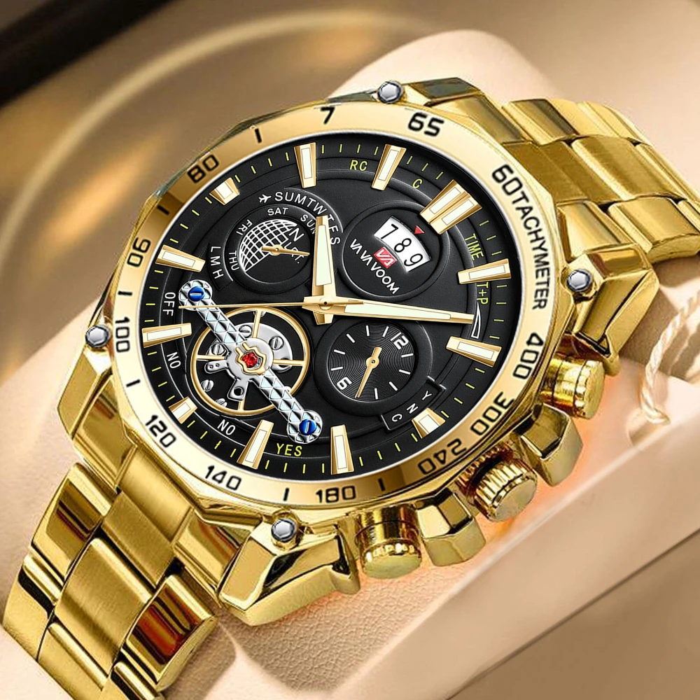 

VA VA VOOM 2421 Luxury Men's Watch Tourbillon Design Luminous Waterproof Calendar Steel Strip Quartz Watch Watches for Men