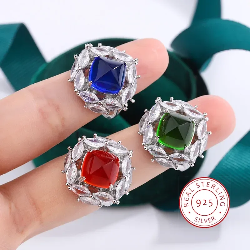 New Hollow Mesh Bottom Sugar Tower High Quality Simulation Sapphire Ring Femininity Fashion Ring Party Birthday Gift Wholesale