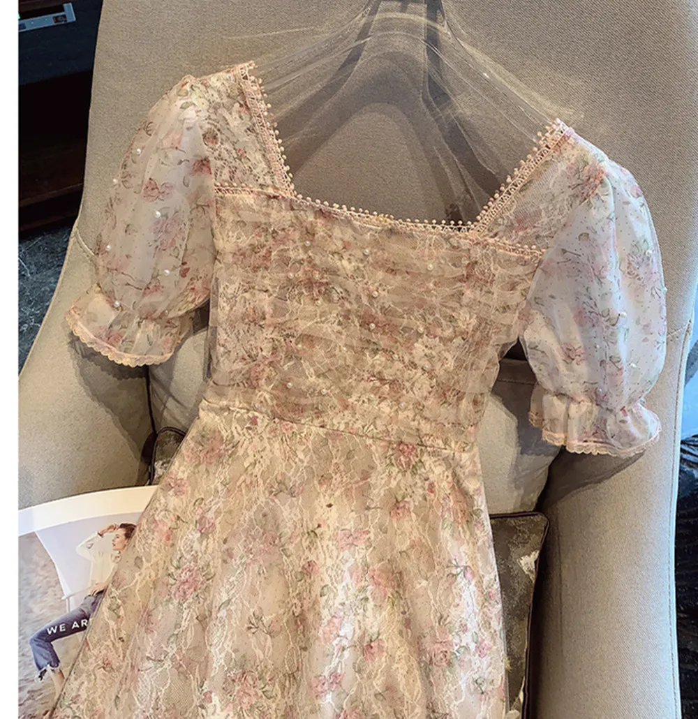 French Vintage Floral Print Summer Dresses 2024 Sweet Squared collar Short Puff Sleeve Beaded Mesh Lace Party Vestidos De mujer