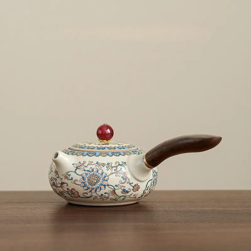 Yellow Ru Kiln Colorful Interlocking Lotus Tea Set One Pot Four Cups Ceramic Side Handle Heat Resistant  Personal Teapot