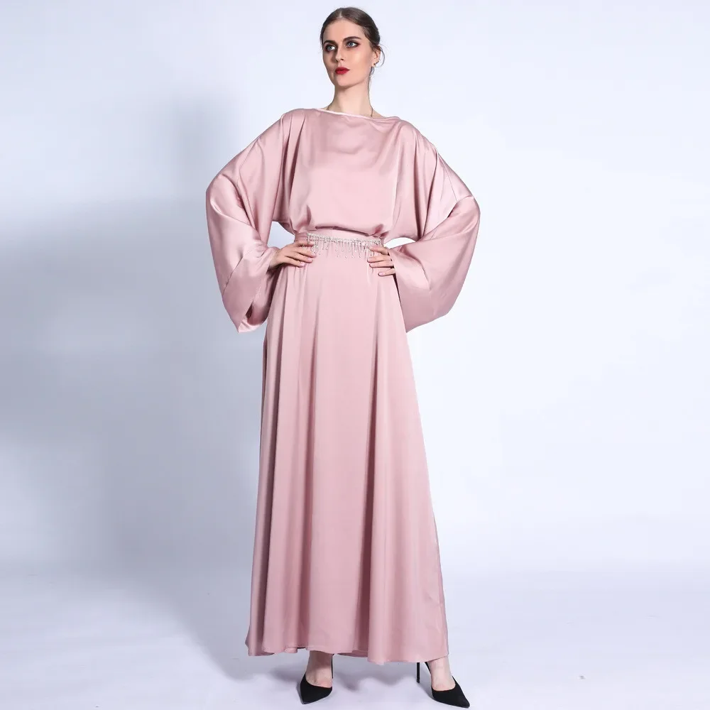 7色展開、ムスリム女性用サテンロングドレス、ゆったりとしたカフタン、豪華なパーティー、イブニングアバヤ、無地、ラインストーンベルト付き、ファッショナブルなラマダン向け