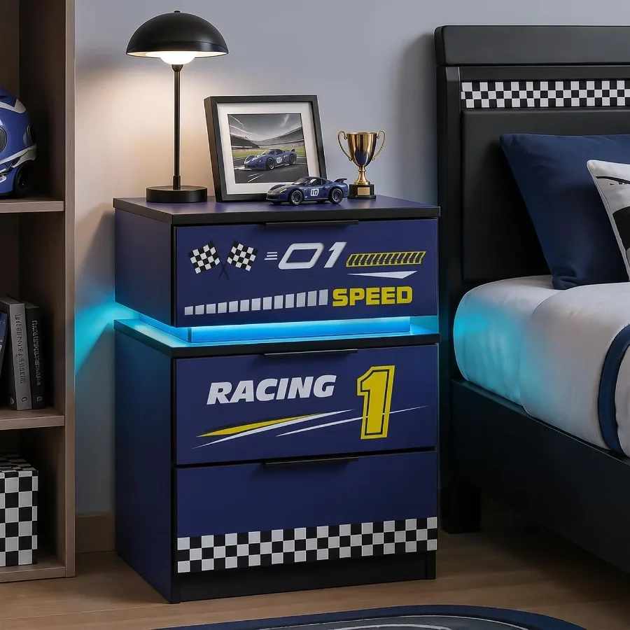 nightstand with 3 drawers and smart RGB LED lights in blue for bedroom use, made of engineered wood, featuring smooth-gliding d