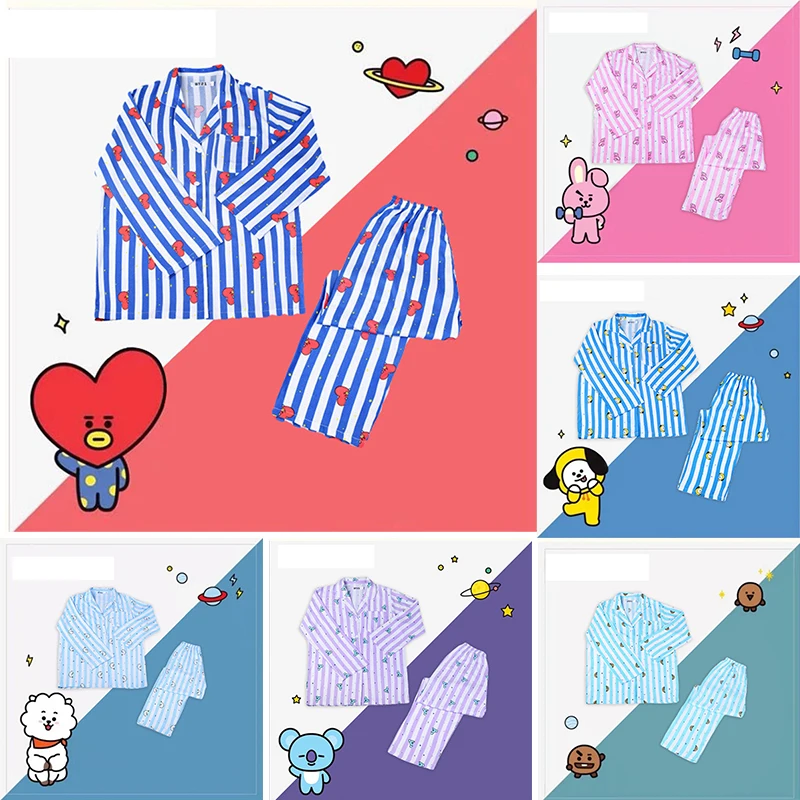 2 pezzi Set Cartoon Bt21 pigiama Kawaii donna maniche lunghe pantaloni lunghi abbigliamento Casual estate pigiameria allentata Home Wear regalo di