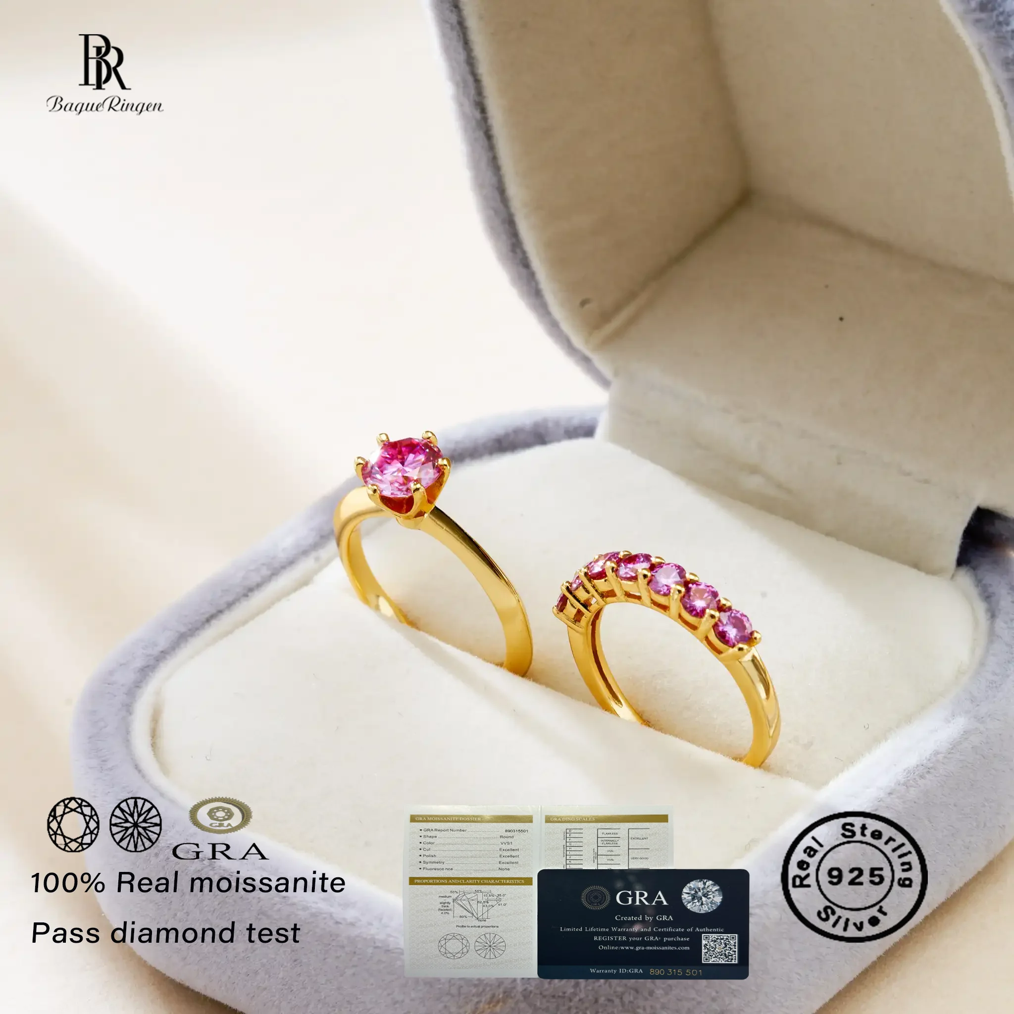 

Total 1.7 carat moissanite ring for charm lady 925 Sterling Silver All Moissanite Engagement Ring Gold Color Ring Set For Women