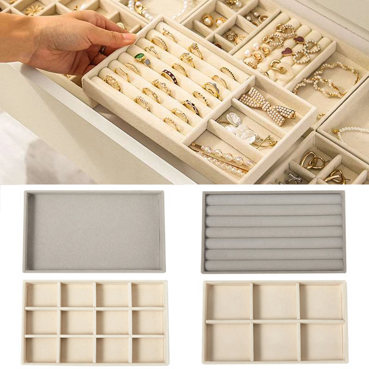 

1pc Multiple Styles Velvet Jewelry Dispaly Tray Necklace Bracelet Earrings Ring Brooches Storage Box Drawer Jewellery Organizers