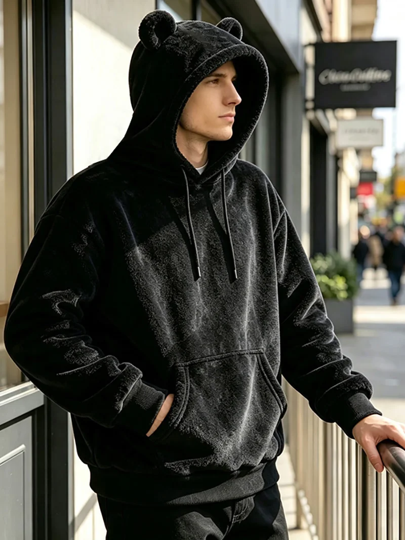 Herren Flauschiger Fleece-Hoodie mit Bärenohren, Kordelzug, Kängurutasche, Locker Geschnitten, Herbst-Winter, Alltagstauglich, Warm, Langarm-Pullover – Detail 3