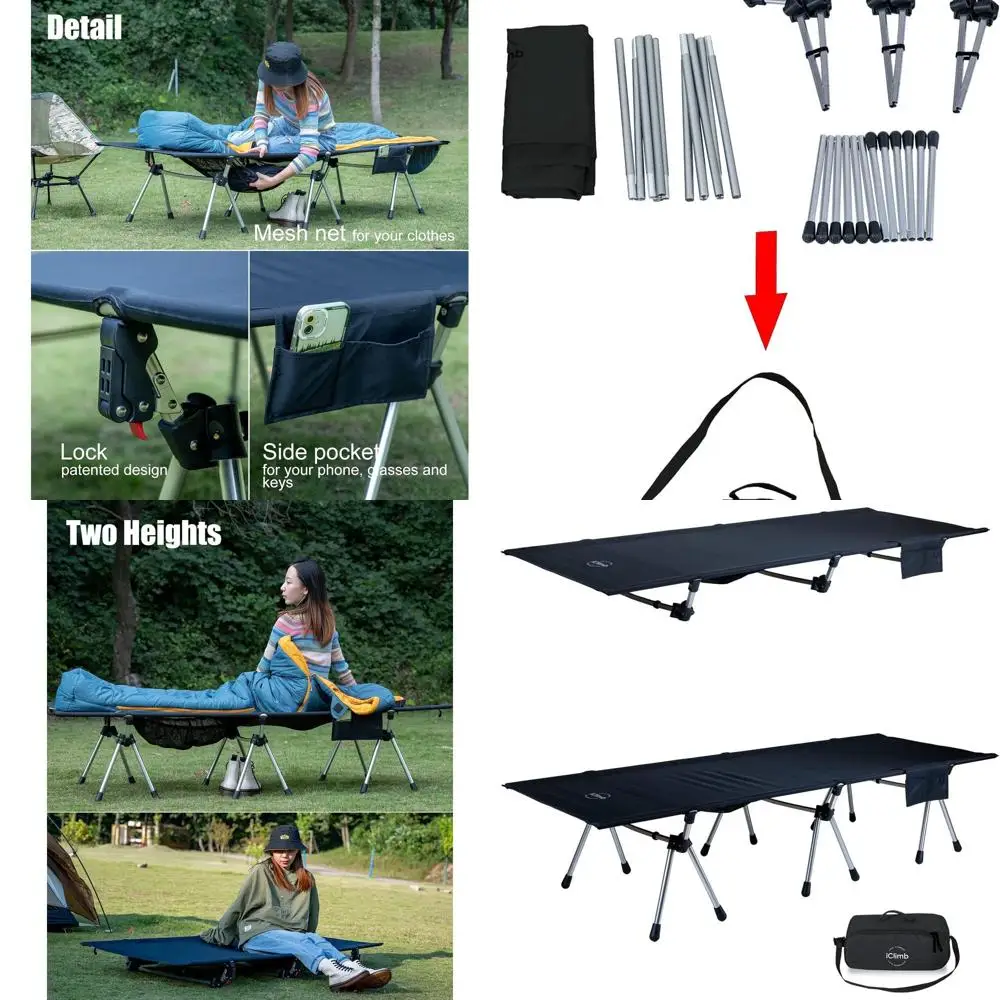 

Super Easy Assemble Folding Cot Ultralight Compact Heavy Duty with Carry Bag for Adults Camping Backpacking (Black, Two Heights)