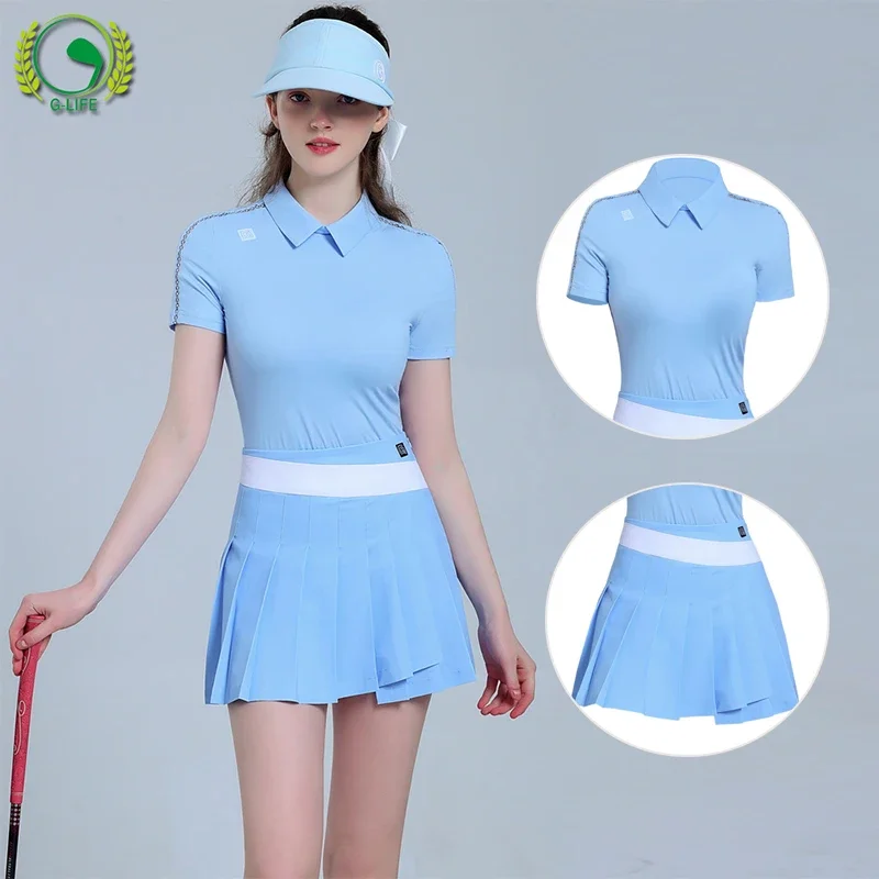 G-life Female Fitness Short Sleeve Tops Breathable Golf Polo Shirt Suit Summer Women Patchwork Slim Golf Skirt Fast Dry Skorts