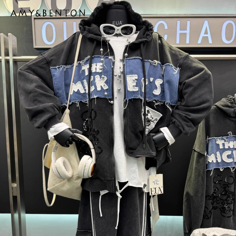 American Retro Patchwork Cartoon Sweatshirt Pullover Women's Loose Design Sense Jacket 2025 Autumn New Zipper Hoodies Outerwear