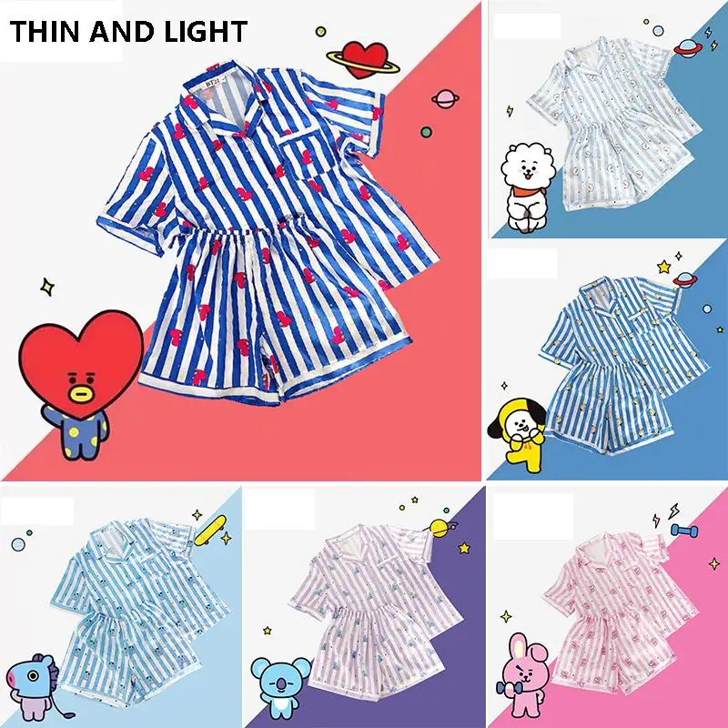 Kawaii Bt21 Pajamas 2Pcs Set Cute Cartoon Printed Lapel Short Sleeve Shorts Home Clothes Summer Light Casual Wear Girl Boy Gift