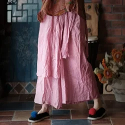 Women Spring Loose Ramie Summer Wide Leg Pants Ladies Retro Pink Ramie Calf Length Pants Female 2023 Vintage Harem Trousers 1669