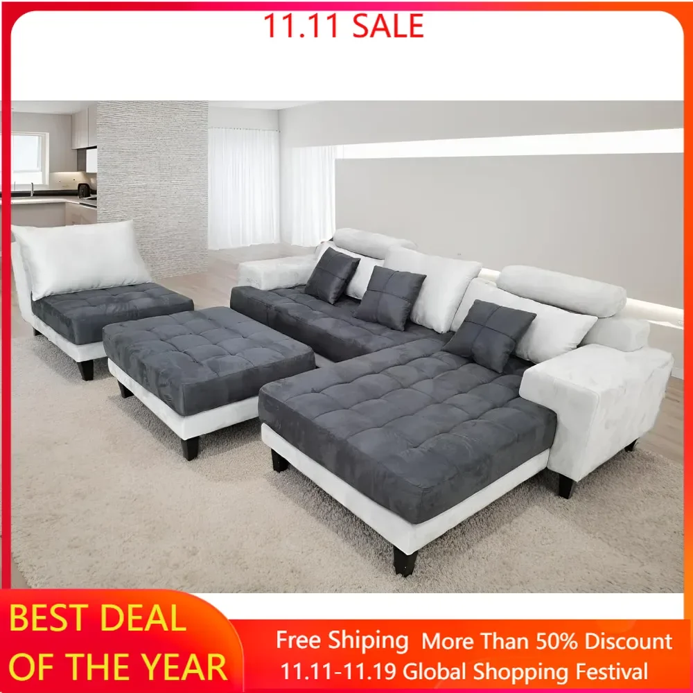 

Living Room Set, L Shape U Shape Modern Microfiber Fabric Sectional Couch Sofa Set Right Hand Facing, Living Room Sofas Set