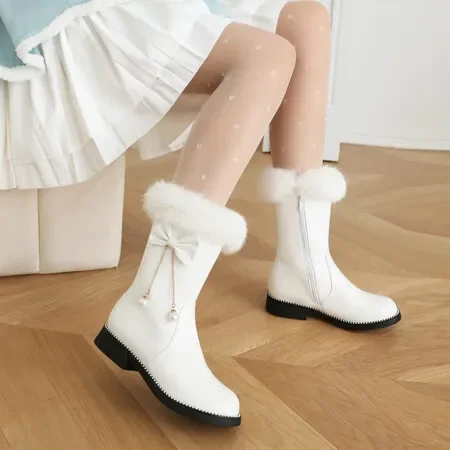 Women Platform Thick Plush Warm Snow Boots 2024 Winter Mid Calf Boots Height Lncreasing Fashion Girl Winter Shoes White Booties