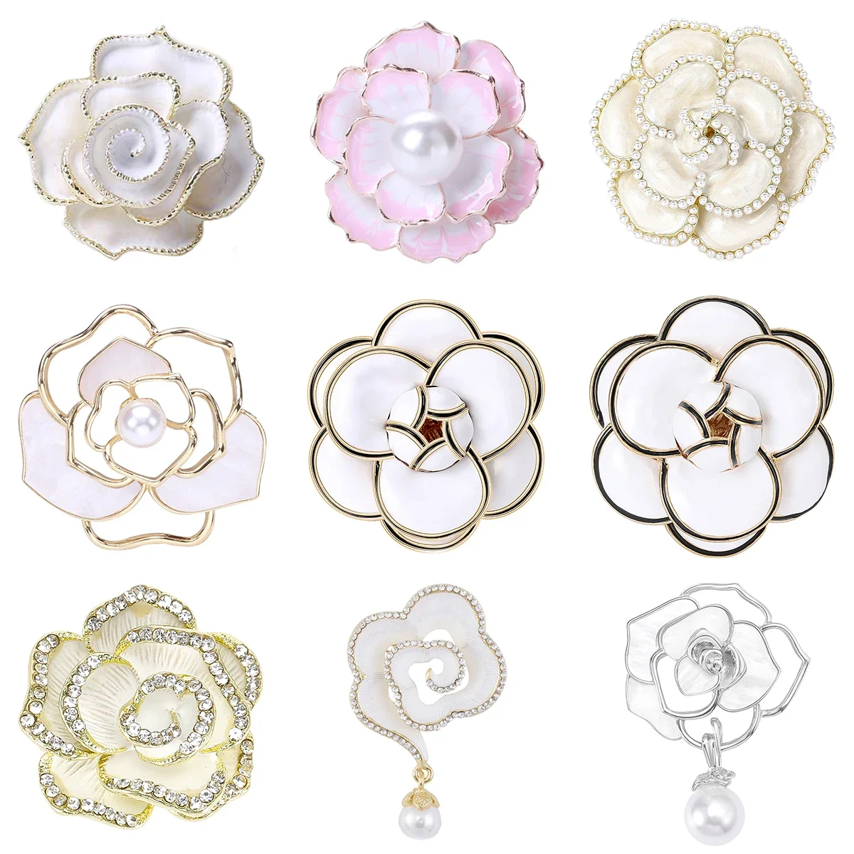 Luxury Pearl Camellia Brooches for Women Unisex Flower Plant Pins Multi-color Available Banquet Party Accessories Gifts