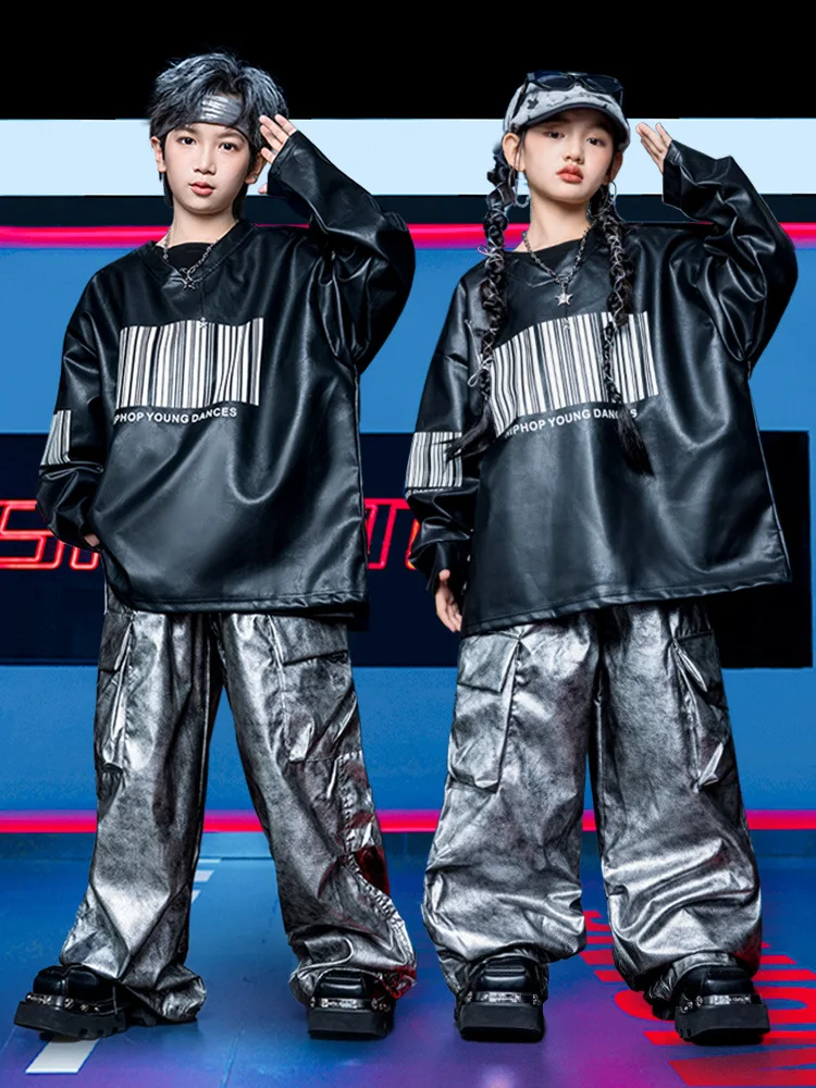 Ropa de Hip Hop Kpop para chico, sudadera de piel sintética negra, pantalones Cargo de paracaídas con tinte plateado para niña y niño, trajes de baile, ropa