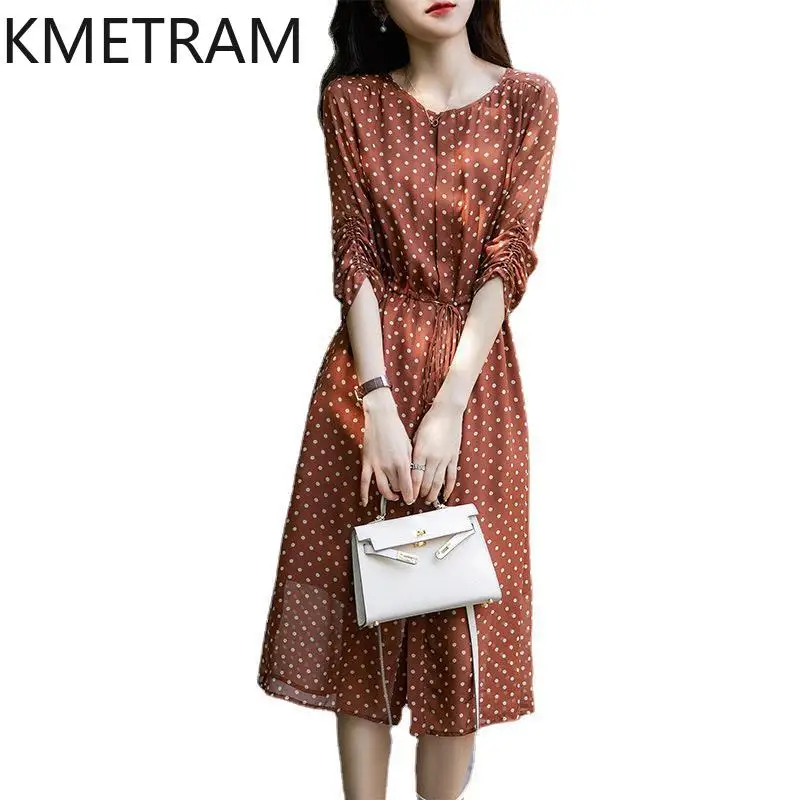 

KMETRAM Mulberry Silk Luxury Dress Women 2024 High Quality Summer Crew Neck Mid Long Dresses A-Line Polka Dot Clothing Vestidos