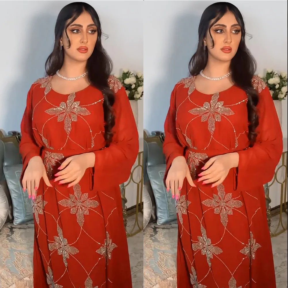 Chiffon Abaya For Africano Mujer Dubai Islamic Clothes Fashion Diamonds Full Sleeve Belted Jalabiyat Muslim Shiny Dress