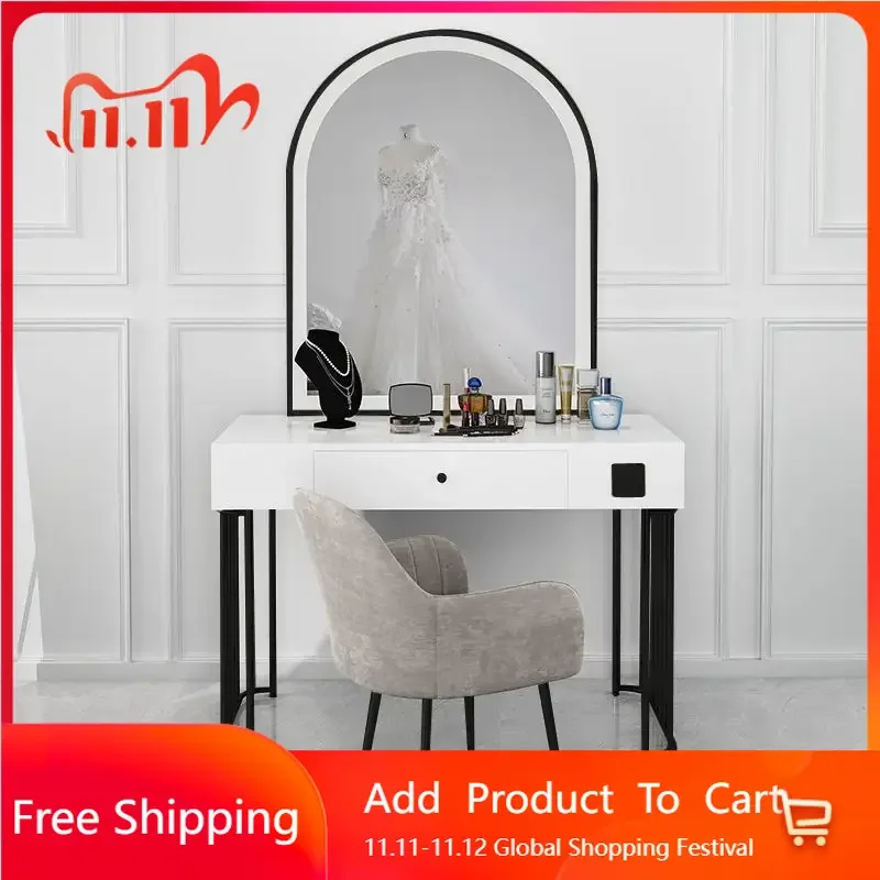

Aesthetic Lighted Mirror Makeup Vanity Dressing Table with LED Light Drawer Storage Shelves Cabinet Penteadeira Trendy Furniture