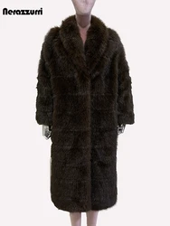 Nerazzurri Winter Long Striped Fluffy Thick Warm Soft Faux Sable Fur Coat Women Shawl Collar Elegant Luxury Chic Furry Overcoat