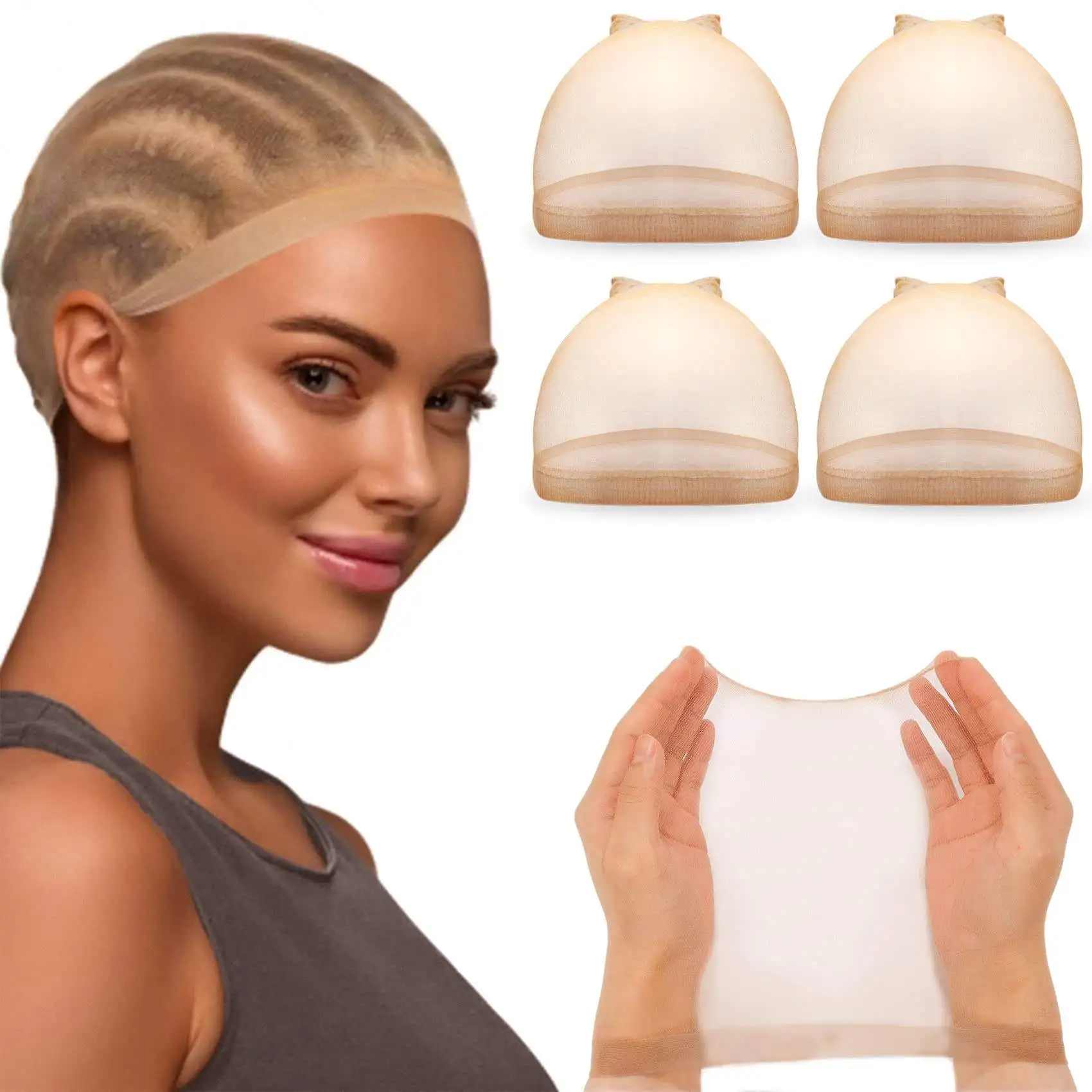 2Pcs/Pack Stocking Cap Hairnets for Long Hair Wigs Beige and Black Stocking Wig Cap Fashionable Hair Nets