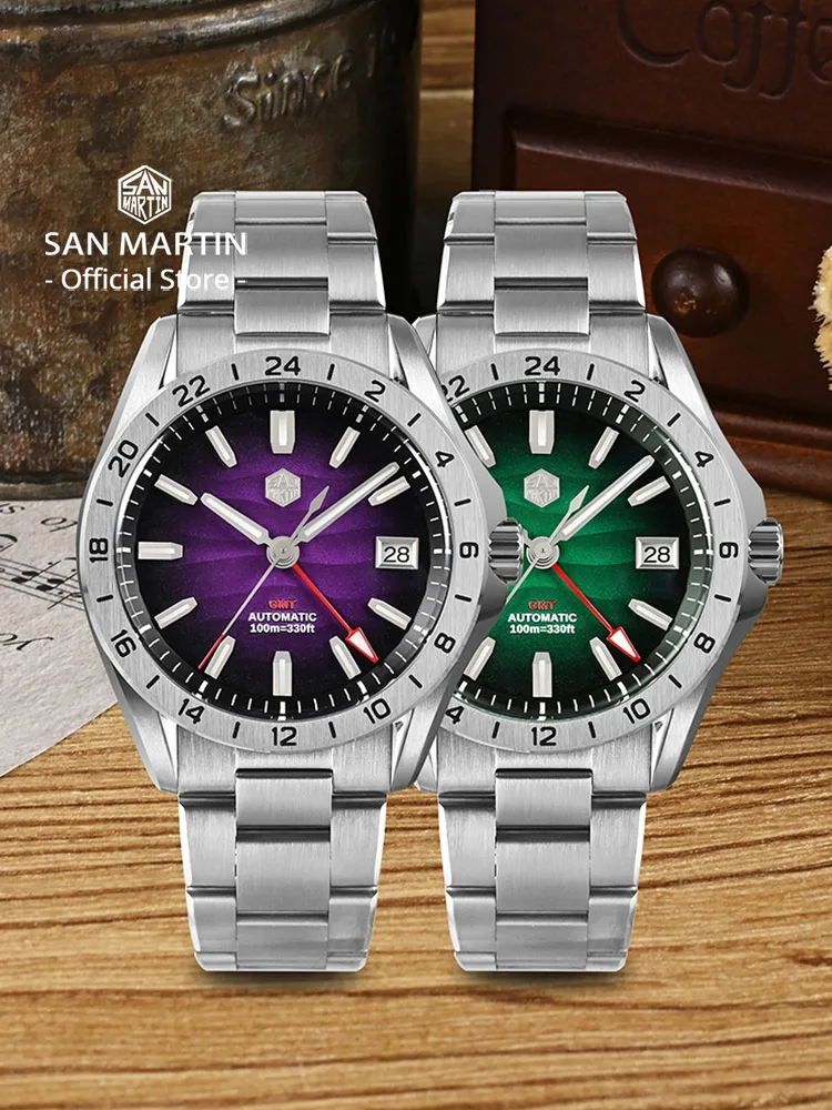 산 마틴 새로운 39mm 사막 질감 럭셔리 남성 비즈니스 드레스 GMT 시계 NH34 자동... - 2