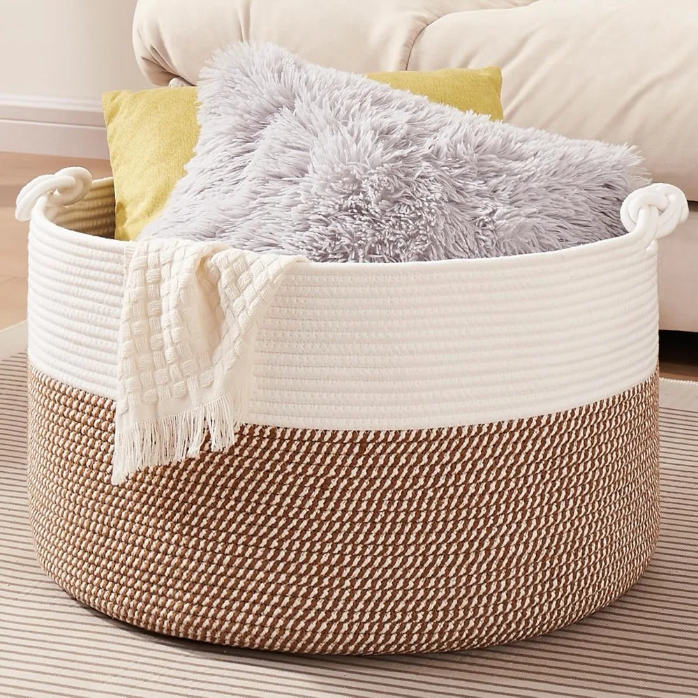 

Blanket Storage Basket for Living Room, 22.8 X 22.8 X 13 Woven Cotton Rope Basket with Handles, Baby Toy Storage