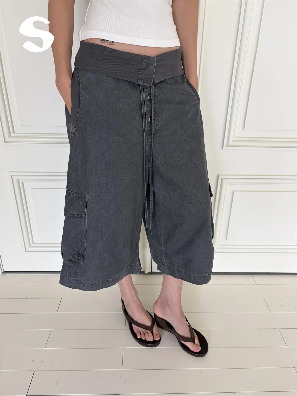 Khaki Wide Leg Casual Workwear Seven-Foot Pants Women's Low Waist Cuffed Multi-Pocket Leisure Trousers Vintage Style Sleep at 11