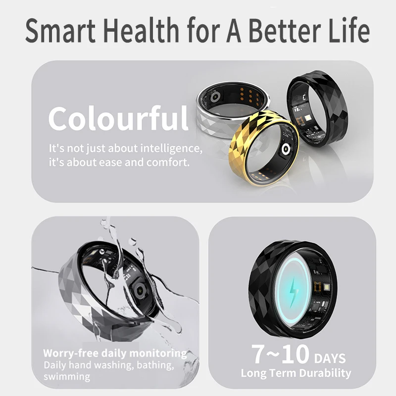 Smart ring with wireless Bluetooth connectivity and APP health monitoring - USB charging, exercise tracker and sleep detector.