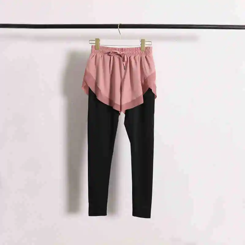 Эластичные осенние спортивные брюки. Женские брюки из двух предметов для фитнеса и йоги. Брюки для йоги с внутренним карманом для телефона. Штаны для йоги 2 в 1.