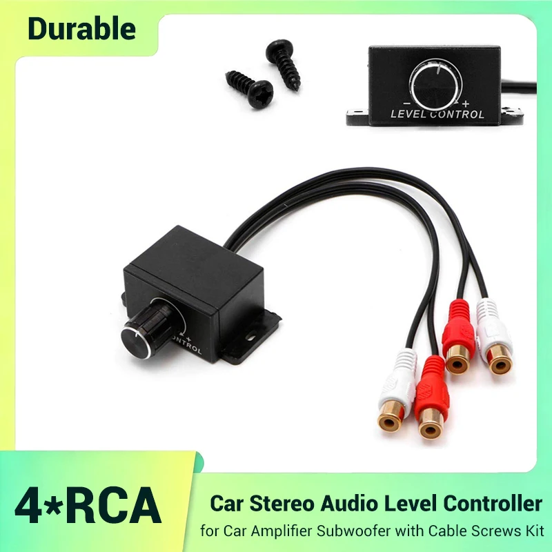 Contrôleur de niveau audio RCA en ligne pour voiture, 2 canaux, bouton de réglage du volume et du gain des basses pour amplificateur de voiture et subwoofer, avec kit de vis de câblage.