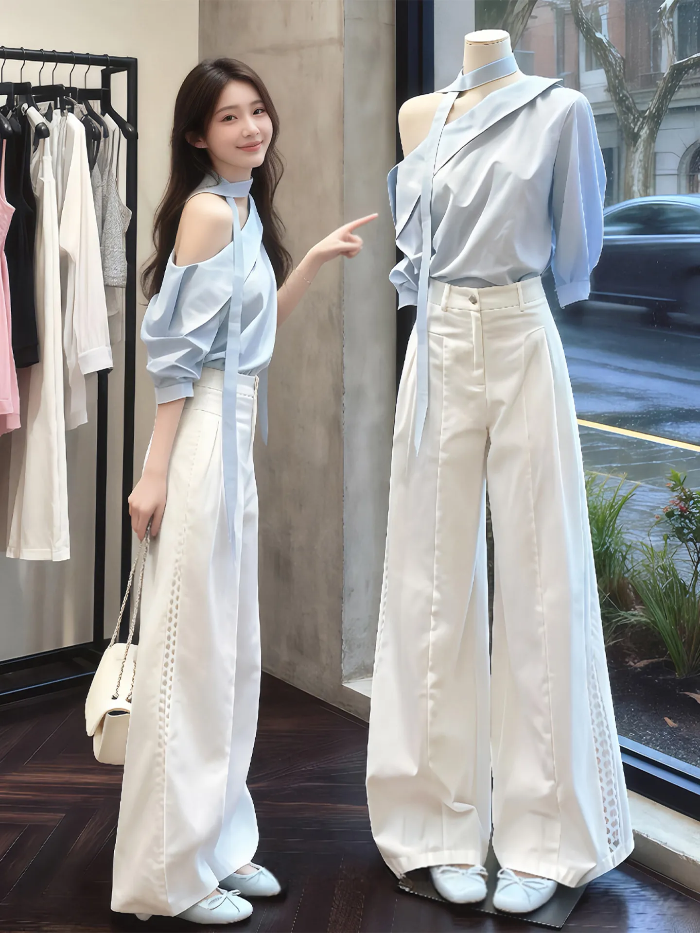 

Blue irt High Waist Wide Leg Pants Two Piece Set Women's Korean Sle Commute Design oulder Baring Outfit Spring Faion
