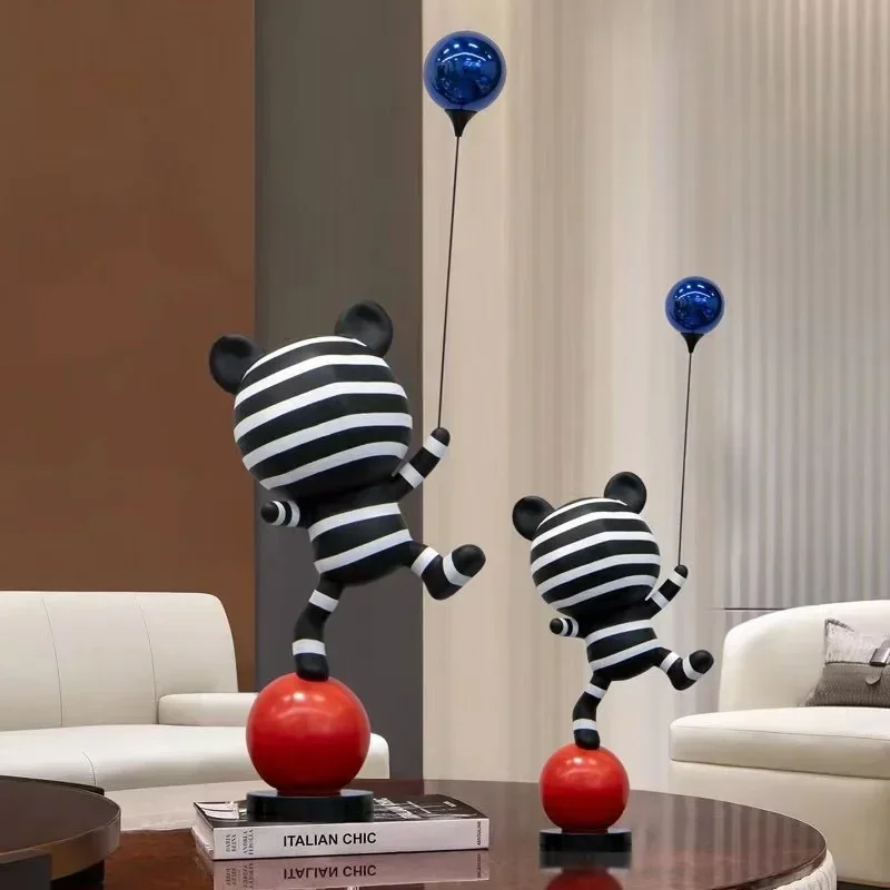 Contemporary Striped Balloon Bear Statue Cute Room Decor Cartoon Figurine for Living Area Resin Craft Original Presents