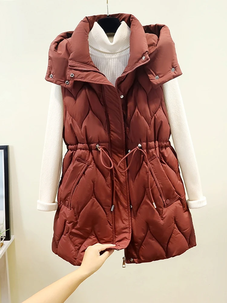 

Новая женская хлопковая жилетка из ангоры красного цвета со съемным капюшоном, средней длины, приталенная, с хлопковыми вставками на плечах, осень-зима